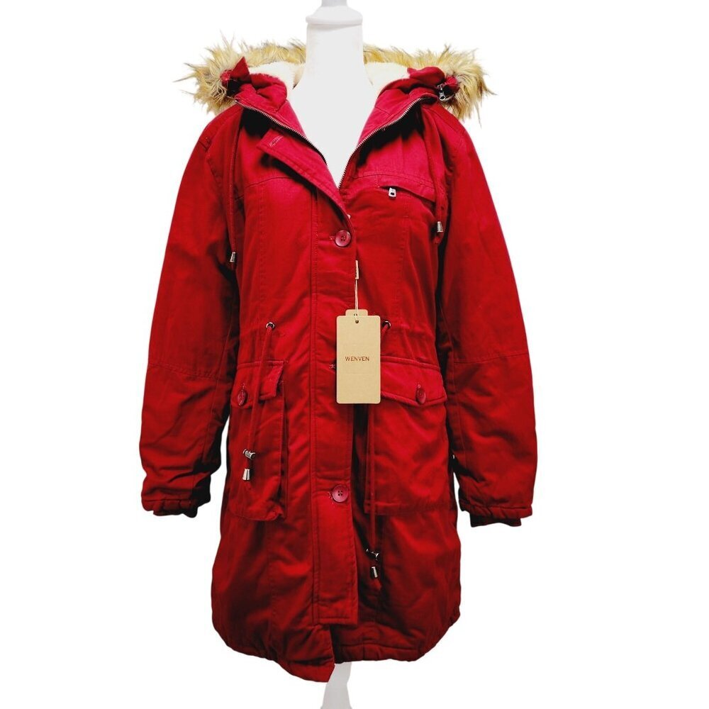 WenVen Jacket Womens Sherpa Lined Hooded Chore Coat Removable Fur Red Size M New
